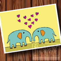 Two Elephants in Love hipster Love Valentines Day Peach Heart Illustration Painting Postcard