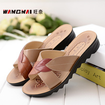 New sandals women summer flat leather soft bottom flat heel size middle and elderly womens shoes mom sandals womens slippers