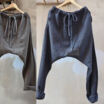 The highlight__his Chinese style original Chinese mens linen mens pants Harlan low crotch trousers casual pants tide