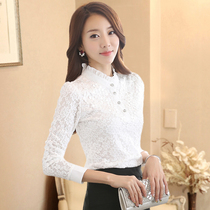 Plus velvet thick lace base shirt long sleeve autumn and winter 2021 new mesh gauze Korean female chiffon shirt top
