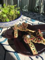 Golden Pakistan handmade heavy embroidery thread embroidered beaded slippers Nepal Thailand India Exotic Nivana