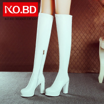 Spring and autumn and winter super high-heeled white elastic knee boots long barrel leather thick heel waterproof platform boots B936