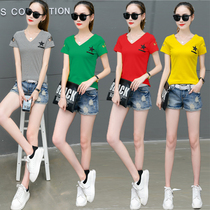 Cotton V-neck stripe slim short-sleeved T-shirt womens tide clothes 2021 new summer popular Korean version of the body shirt