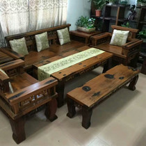 Old ship wood furniture Solid wood tea table and chair Antique Kung Fu tea table Tea table Ten thousand words Sofa and chair combination Seven-piece combination
