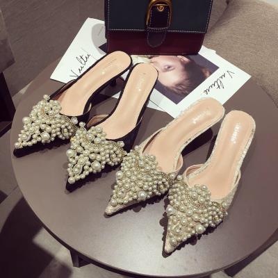 High heel slippers pearl lace pointed Baotou Mid-drag fine heel sandals women Summer Fashion outside wearing cool Drag silk string beads
