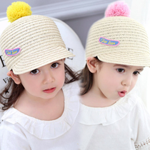 Childrens straw hat Korean fashion colored ball girl sun hat baby equestrian baseball cap baby hat beach hat summer