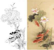 Gongbi painting white sketch background Lotus Carp Road rain year 66*123 physical white paper print draft with color map 046T