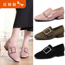 Red Dragonfly Women Shoes Spring Autumn Season Sheep Reverse Suede Low Heel Coarse Heels Womens Single Shoe Square Head Strap Buckle Lefu Shoes Woman