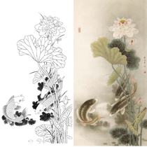  Gongbi Chinese painting white sketch background Lotus carp 66*130 road rain year physical white paper print draft with color map 054T