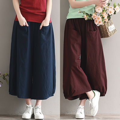 Summer New Joker Loose loose waist solid color leisure wide leg cotton linen female plain Harlan hanging crotch ankle-length pants tide