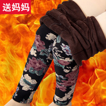 Plus velvet thickening middle-aged ladies leggings outer wear autumn and winter ma ma ku middle-aged womens trousers trousers flower pants feet