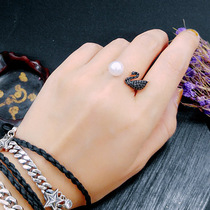 925 sterling silver plated rose gold Black Swan Pearl opening ring open ring adjustable female