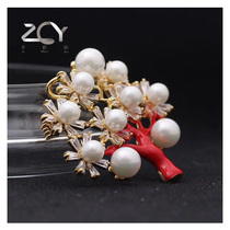 Red coral shape brooch female fashion jewelry luxury Noble High-end Pearl mother-of-pearl corsage banquet jewelry