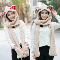Hair line hat scarf gloves integrated three pieces Korean version of cute plush thickened warm autumn winter ladies tide