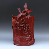 The spirit of the bird the double bird frolic Indian leaflet rosewood carving pen holder decoration Han Jiuding Chen Qingfengs work