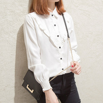 2021 spring new white shirt long-sleeved chic top womens design sense slim-fit ruffle solid color bottoming shirt
