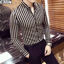 2021 autumn new business mens striped long sleeve shirt trend Korean slim shirt handsome tight shirt