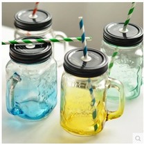 Gradient color Mason glass water cup juice drink cup transparent band cover with straw milk tea cup Cup