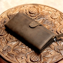 Retro leather mens clutch bag long crazy horse leather mobile phone bag front layer cowhide casual clutch bag wallet mens bag