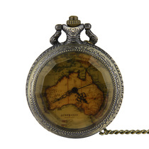 Classic retro brown flap map pocket watch large European and American map quartz hanging watch a generation 8059