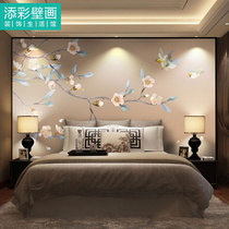 Modern minimalist plain elegant peach blossom Wall cloth custom new Chinese hand-painted meticulous flower and bird painting sofa bedside background wallpaper