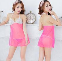 Summer transparent lace suspender hanging neck ladies nightgown sexy tulle mesh low cut deep V pajamas