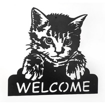 Paper-cut style Wrought iron decorative painting Persian cat WELCOME WELCOME listing Metal frameless mural wall decoration