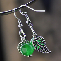 womens vintage ethnic style original crystal ornaments green agate seedlings silver leaf earrings ethnic style long Korean style