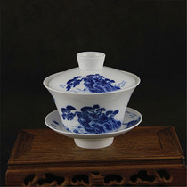  Special offer Blue and white landscape pattern horseshoe rice cup cover bowl Kung Fu tea bowl Jingdezhen antique porcelain family daily use