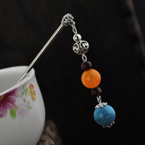 Vintage Hair Accessories Turquoise Honey Wax Sandalwood Buddha Beads Seedlings Silver Classical Steps Tassel Hair Ladies Ethnic Dishes Hair Accessories