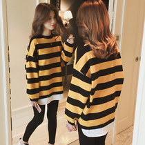 Pregnant women autumn and winter suit new Korean fashion stripes plus velvet sweater autumn and winter coat tide mother two-piece set