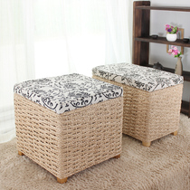 Rattan straw storage stool storage stool replacement shoe stool with lid finishing storage box wearing shoes footrest sofa long bench