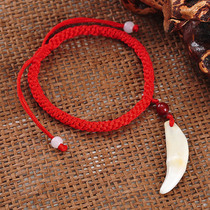 Red bracelet adjustable couple personality anklet Red rope braided baby dog teeth Real black dog teeth baby body chain