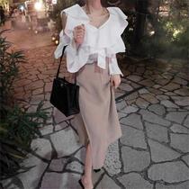  Rosefactory Korea 18 spring new womens irregular hem solid color long skirt