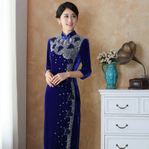 Beaded real velvet middle-aged mother-in-law cheongsam skirt increased fattening retro spring and autumn dress cheongsam