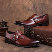Metal Hoop Buckle Leather Mens Shoes Pointed Toe Young British Fan Business Casual Red Brown Horsebit Leather Shoes