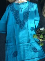 Sky blue Nepal embroidered cotton blouse travel home exotic Nivana