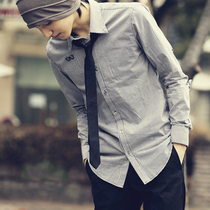 Mens long-sleeved shirt cotton plaid 2021 free tie Casual youth Korean slim-fit shirt trend handsome