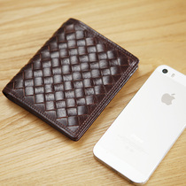 Blue leather original mens leather short wallet leather hand-woven fashion trend gift cowhide purse clip