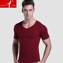 Mens short sleeve T-shirt summer youth no trace modal V collar Korean version of slim solid color base shirt half sleeve mens tide
