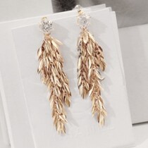  Korean luxury retro party royal sister queen wheat ear long tassel large crystal inequality gold earrings