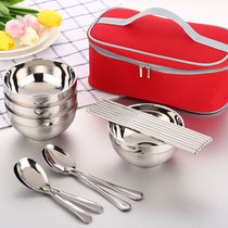 Solid melting stainless steel bowl student portable tableware set 4 bowls 4 bowls 4 chopsticks spoon chopsticks Rice Bowl picnic bag Outdoor