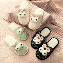 Cute cotton slippers women winter couples indoor home thick bottom warm wooden floor non-slip home wool lace men