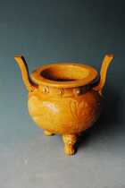 Tang yellow glaze engraved flower stalwart incense burner