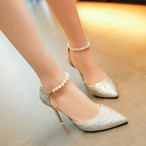 2021 Summer High Heel Heel Heel Pointed Side Air Korean Sandals Sequins New Beaded Womens Shoes Womens Single Shoes