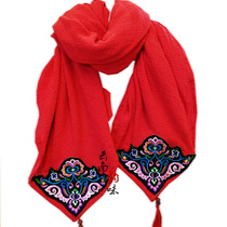 Yunnan ethnic style auspicious embroidered linen scarf ladies shawl dual use autumn and winter New long cotton and linen large square scarf