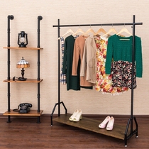 Retro solid wood iron clothing display rack clothing store hanger landing Zhongdao frame against the wall side hanging clothing rack