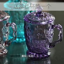 European vintage carved glass cup embossed colorful Crown bubble home tea cup with lid office water Cup