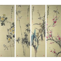 si tiao ping painting mei lanjut ju flower-and-bird painting Qilu painting pen-and-ink drawings that works authentic living room calligraphy and painting pure hand-painted