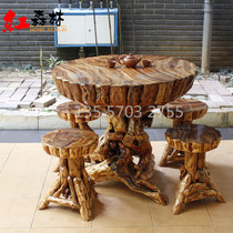 New solid wood carving root carving tea table tea table tea table Azalea root coffee table casual round table dining table with four stools